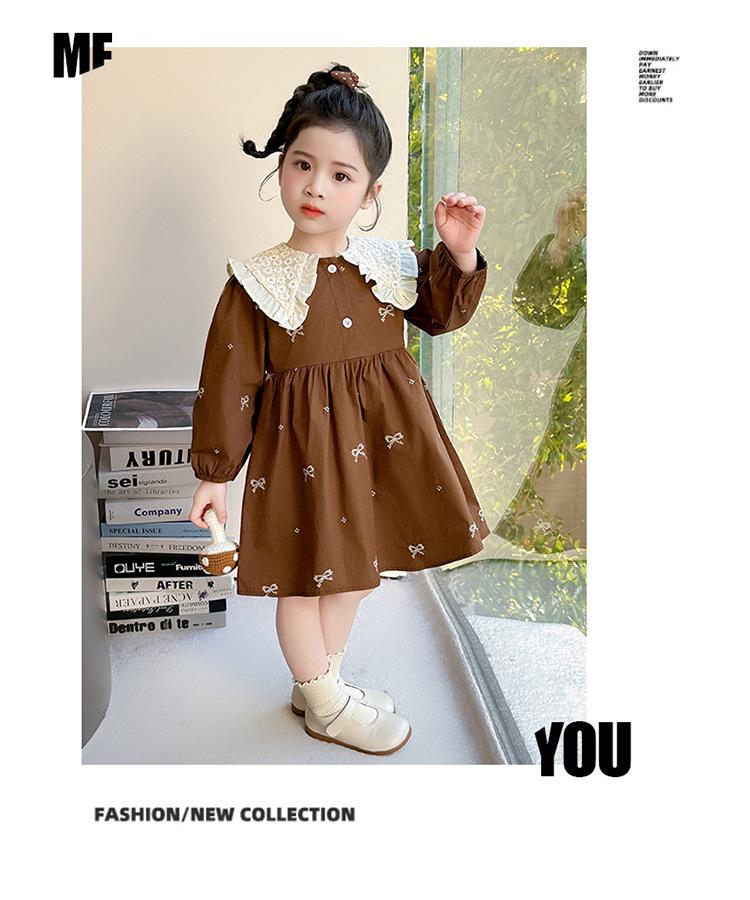 Spring Lace Collar Dress for Girls - Bow Embroidered Princess Skirt