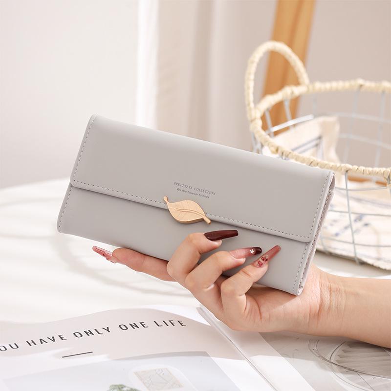 Women's Large Capacity PU Leather Long Wallet, Solid Color with Leaf Buckle – Japanese/Korean Style Clutch