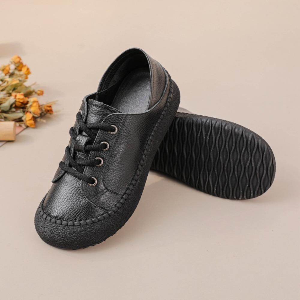 Genuine Cowhide Mom Shoes, Round Toe Versatile Casual Leather Shoes, Spring Summer Soft‑Sole Wear‑Resistant Flat Loafers for Women SA‑1011