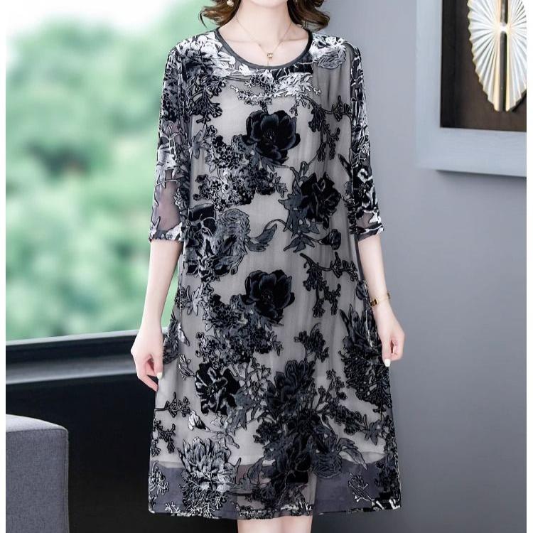 Women's Plus Size Dress Gold Velvet Floral Dress Loose Retro A-Line Dress Spring Autumn