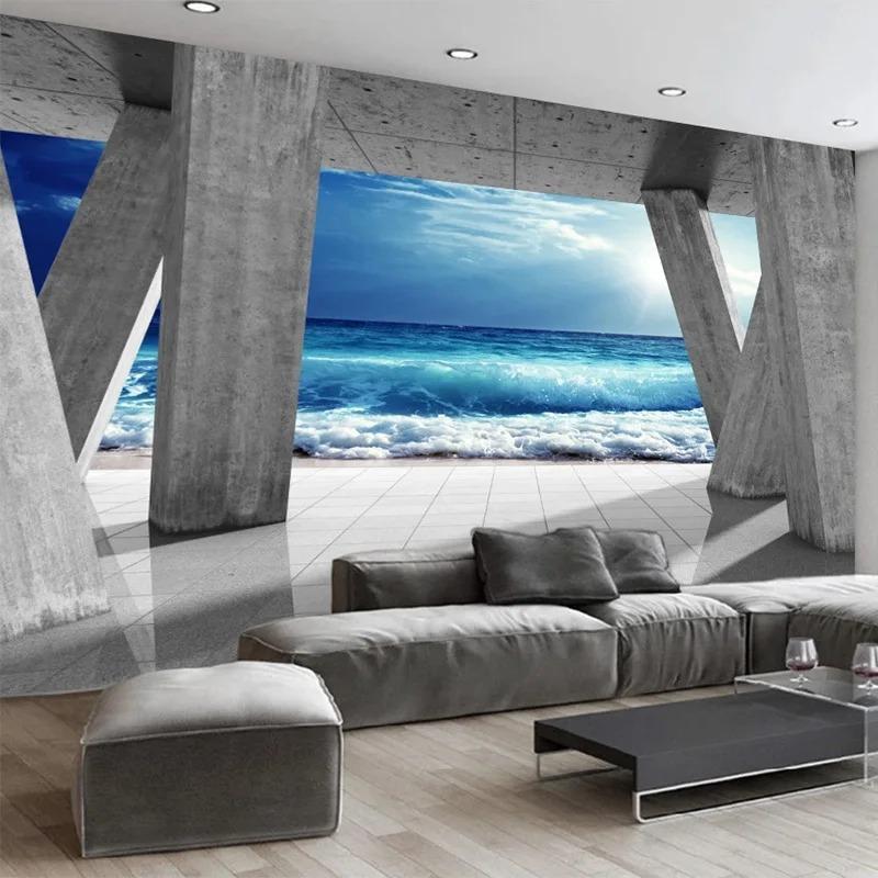 Modern Photo Wallpaper Stone Pillar Sea Wave Landscape Wall Murals Living Room Dining Room Mural