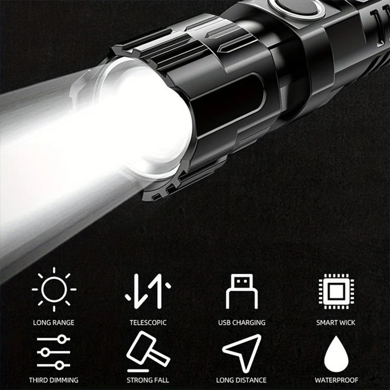 2000LM  USB Rechargeable Flashlight Telescopic Zoom Wide Beam Waterproof Torch Super Bright Emergency Flashlights