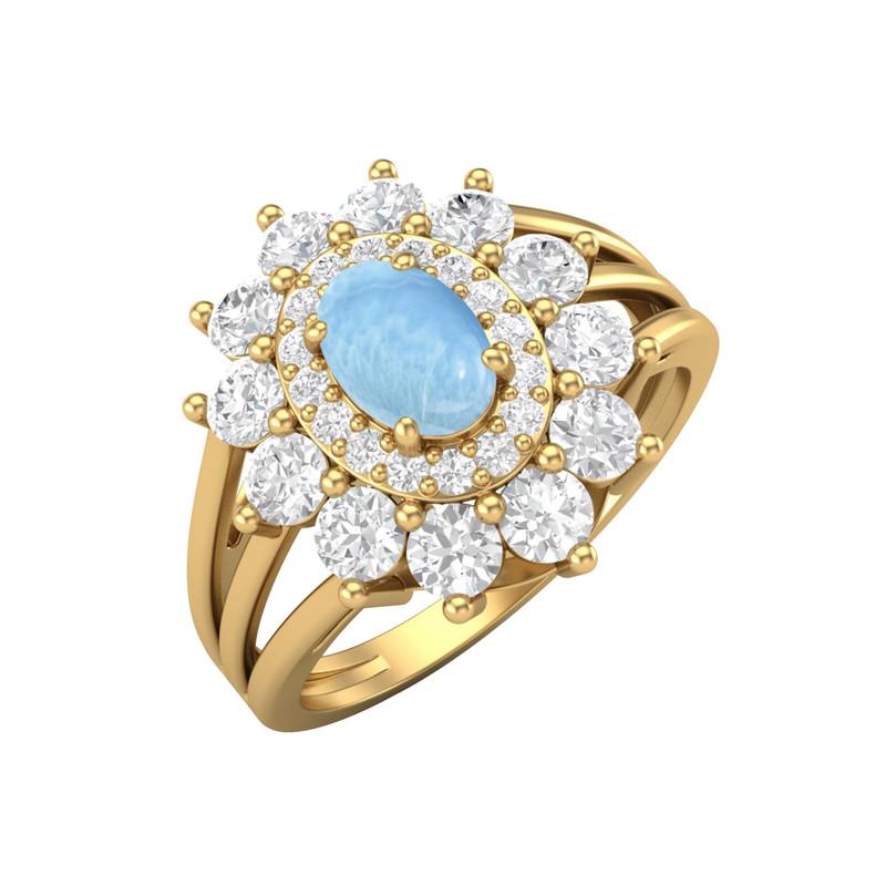 

6X4MM Oval Larimar Gemstone 925 Sterling Silver Gold Plated Halo Split Shank Ring 8.5 жовтий