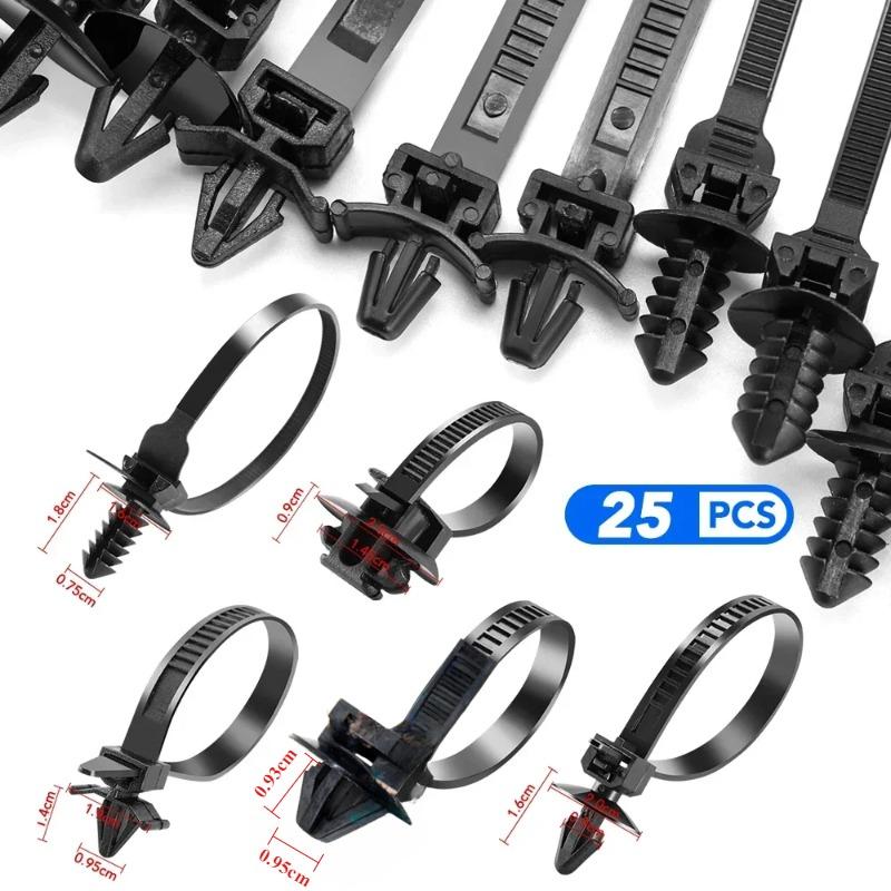 Automotive Nylon Cable Clamps with Hose Fasteners 25pcs Heavy Duty Wire Straps Locking Flanges for Car Engine Pipe Fixing