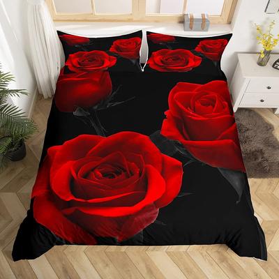 Valentinstag Bettbezug Queen Full Rote Rose Romantische Blume Bettbezug Herzförmiger Druck Floral Schwarz Weicher Bettdeckenbezug