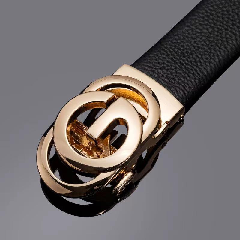 Men's Trendy Leather Belt with High-End Alloy Automatic Buckle - Pure Cowhide Waistband for Casual Pants