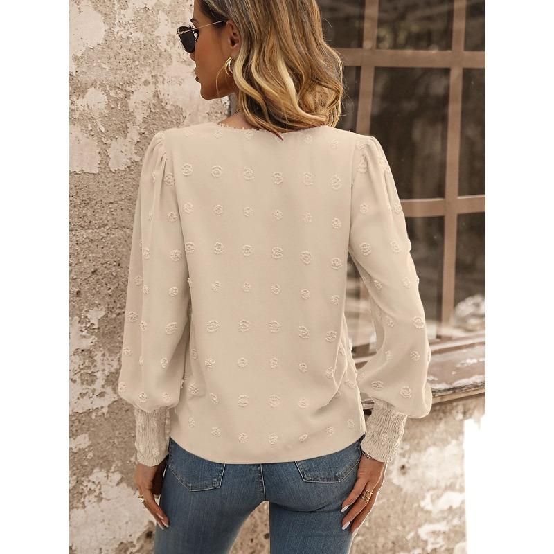 YYFS Dámská móda Ležérní jaro podzimní jednobarevné halenky a košile s dlouhým rukávem a výstřihem do U