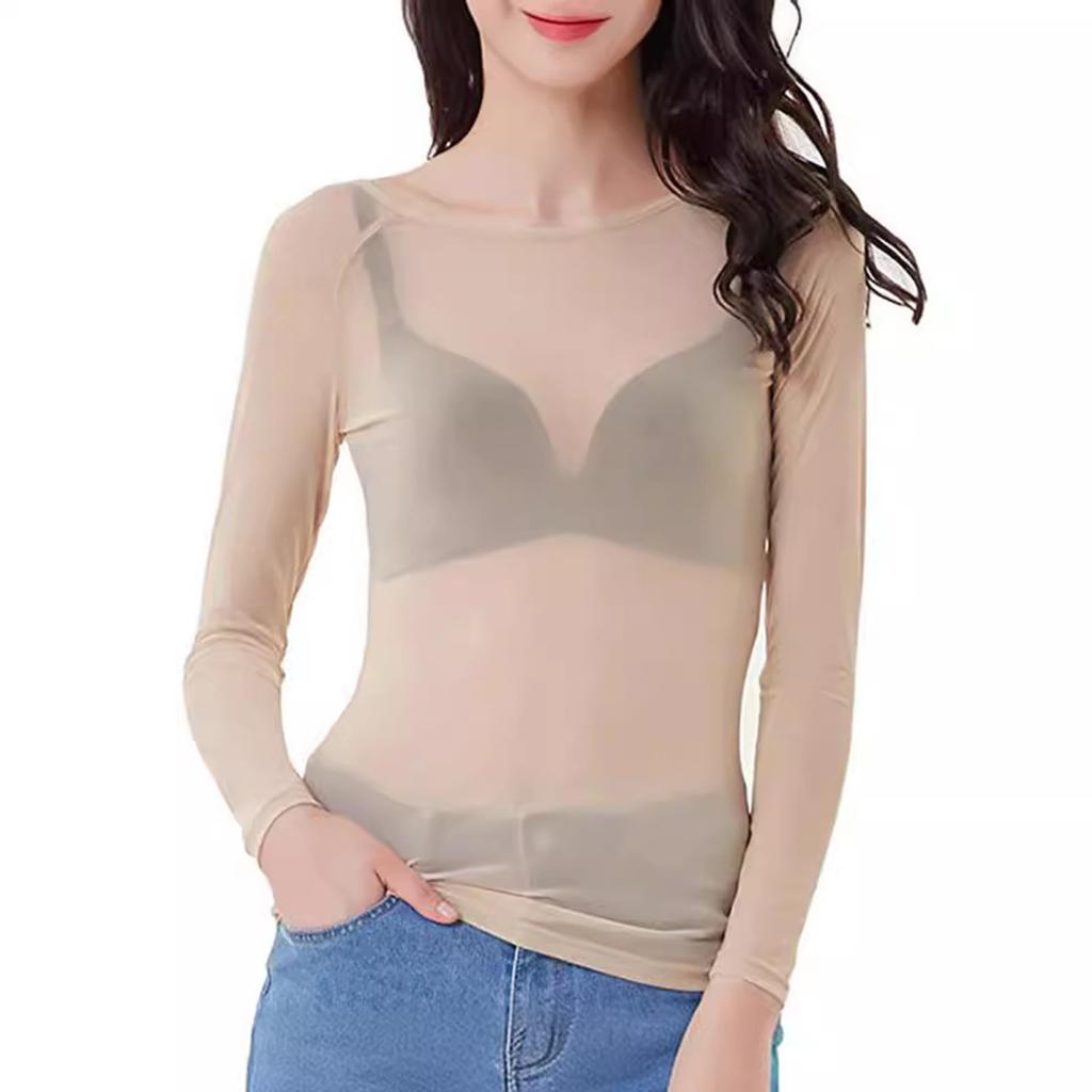Yousheng Women T-shirt Round Neck Long Sleeve Slim Fit Pullover Tops See-through Mesh Yarn Bottom Tops Daily Wear