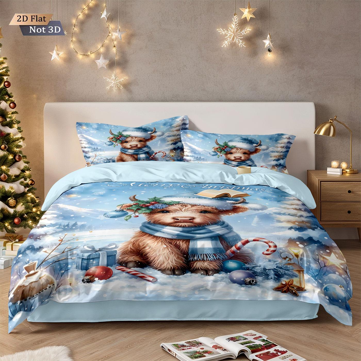 

3PCS Merry Christmas Highland Cow Print Coreless Bedding Set Dormitory Bedroom Multiple Size Holiday Decoration Machine Washable 135x200cm-EU-Single&set