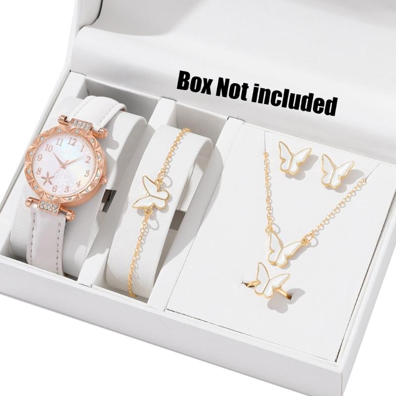 Stylish Watch with Matching Pendant Necklace Chain Bracelet Rings Butterfly Studs Earrings Jewelry Set Alloy Texture