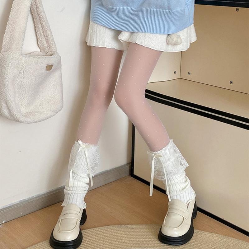 Elegant Ribbed Knit Stretch Leg Warmers Boot Cuffs Ruffled Lace Trim Bowknot Leg Cover Over Calf Long Socks for Women