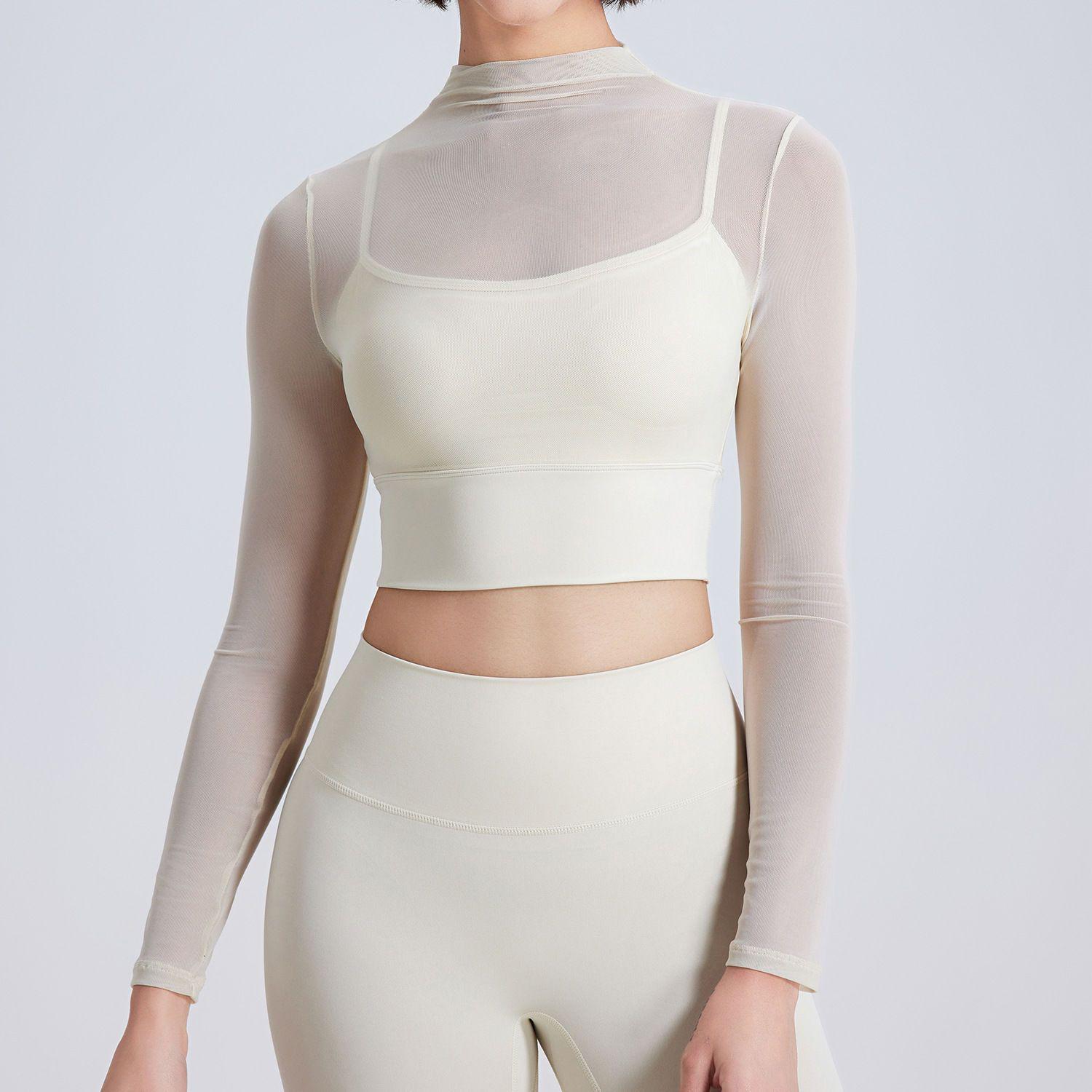 

Women s Long-Sleeve Yoga Top with Built-in Bra and Mesh Splice (Two-Piece Look) in SE Asian & Western Styles Large абрикосовий