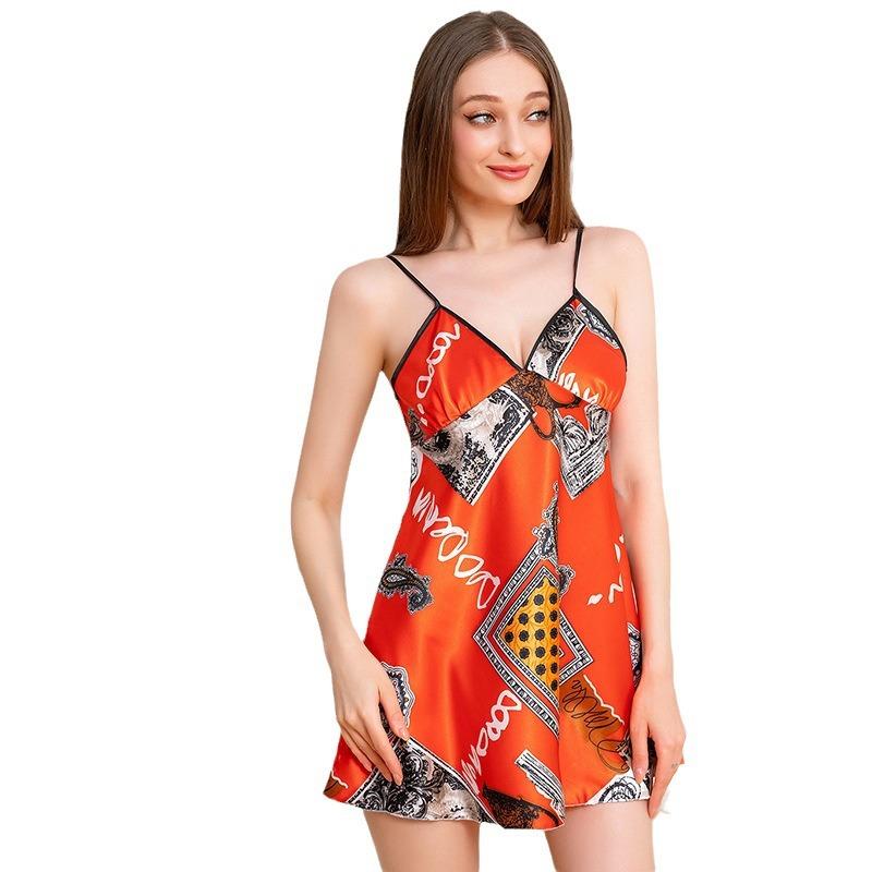 New Nightgown Women's Summer Ice Silk Thin Sleeveless Sexy Suspender Printing Large Size European and American Outer Loungewear