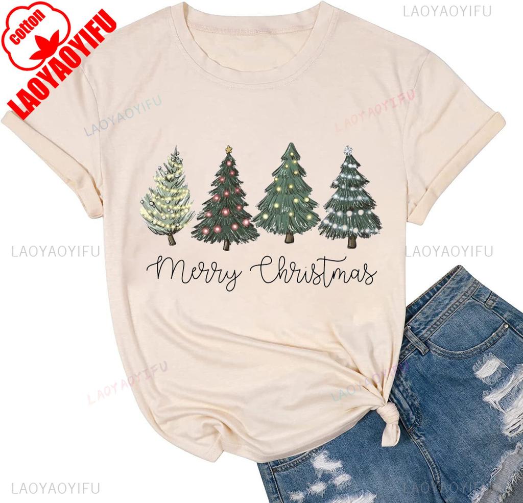 New Year Xmas Gift Merry Christmas Cotton Shirts for Women Merry and Bright Tree Graphic Holiday Printed TShirt Tops Unisex Tee