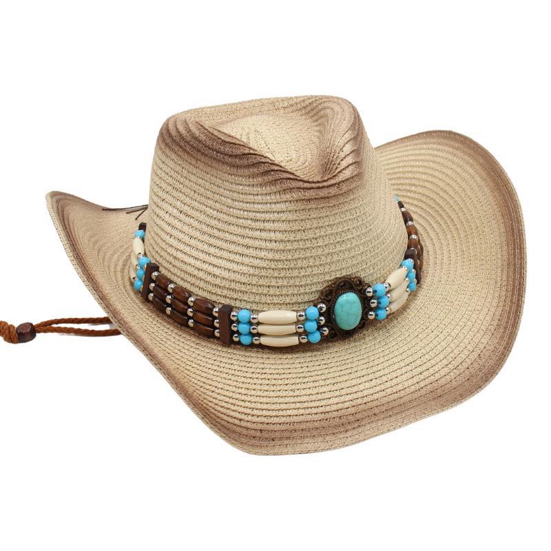Gem Western Cowboy Straw Hat Seaside Sunscreen Sun Hat Ethnic Breathable Hand Woven Beach Hat