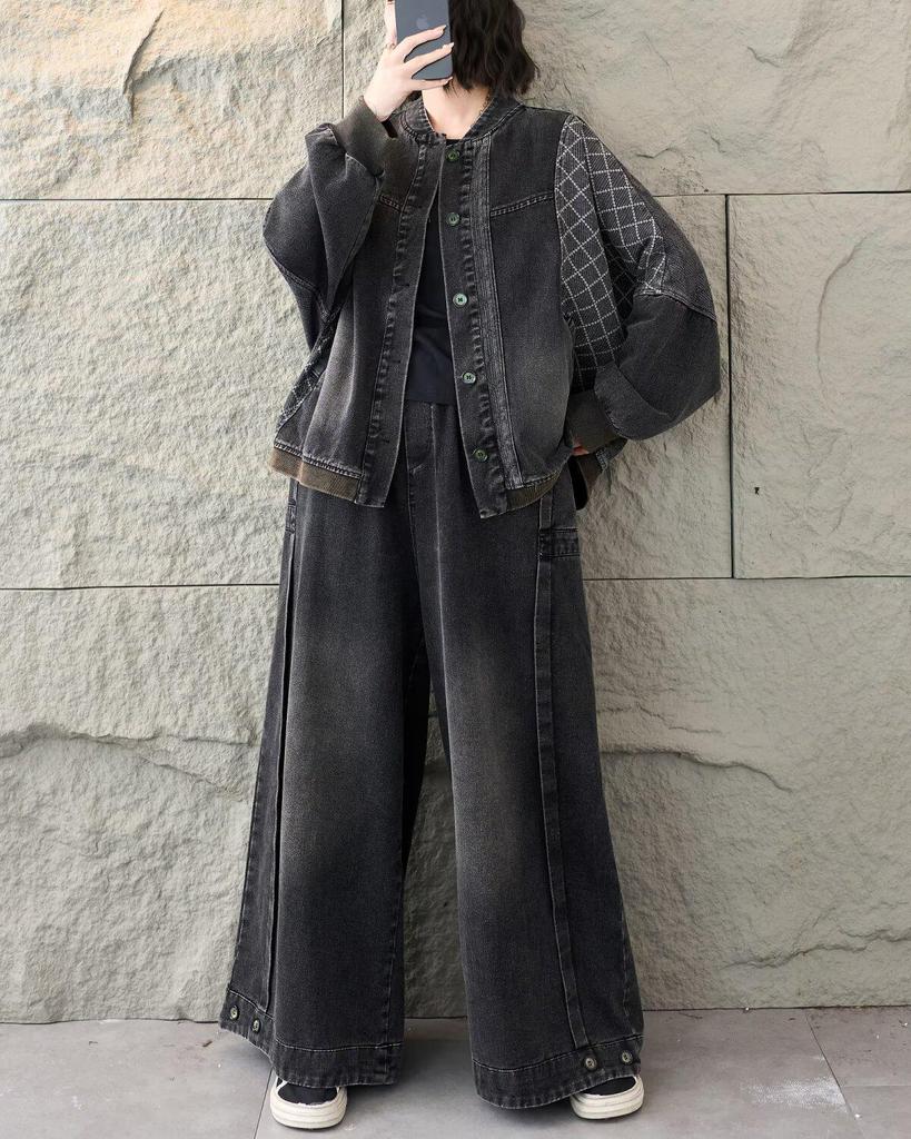 Artistic Loose-Fit Denim Jacket - Spring 2026 New Arrival, Stand Collar, Patchwork, Long Sleeve, Plus Size Fashion Top