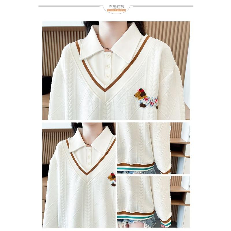 Spliced Fake Two-piece Sweatshirt for Women Autumn Cartoon Loose and Western Design Embroidered Polo Collar Top