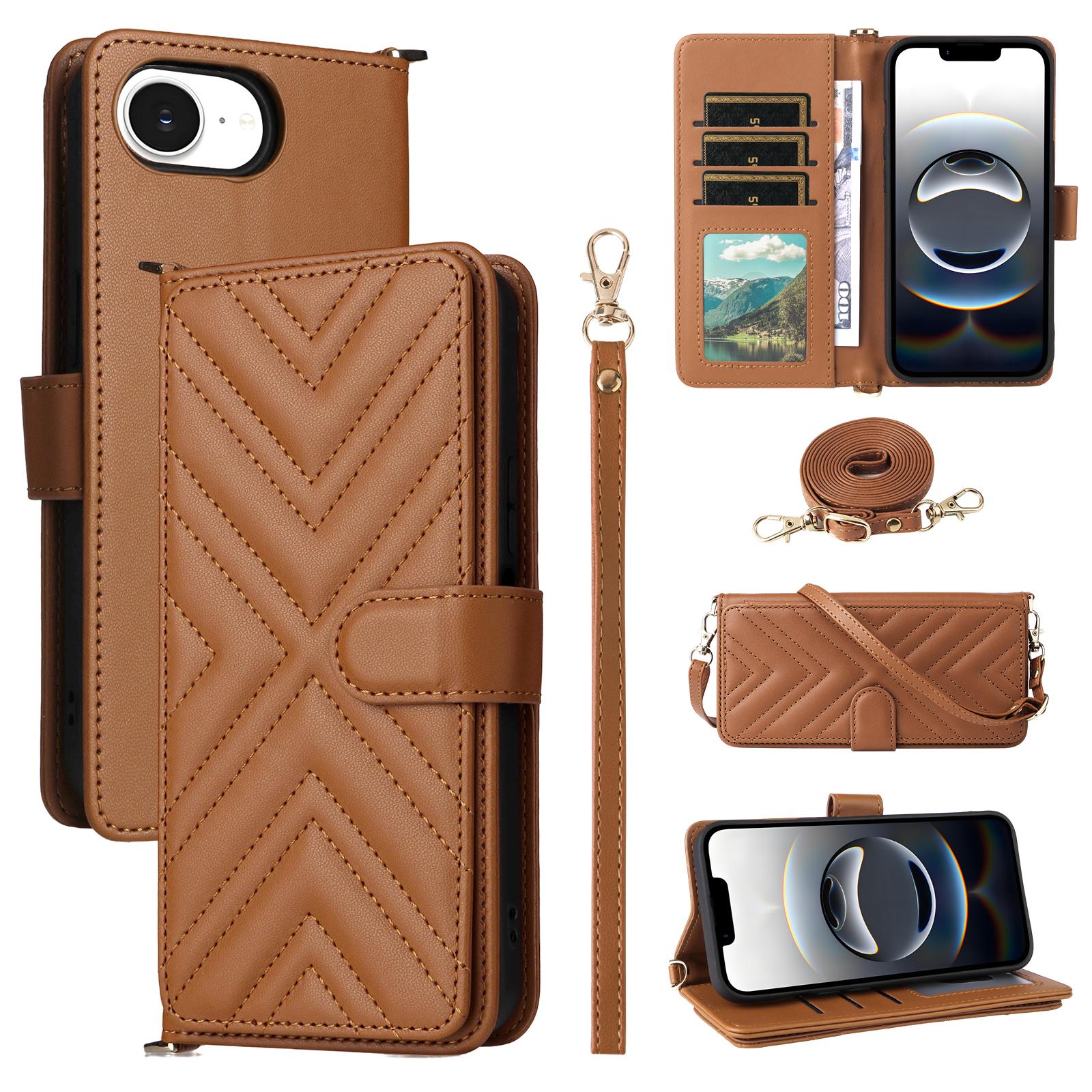 

For iPhone 16e Wallet Case with Shoulder/Wrist Strap Leather Phone Cover Stand A