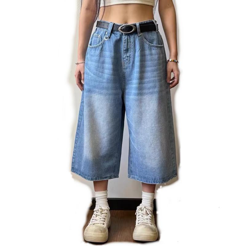 Women's Retro Large Size Denim Shorts Unisex Style Wide Leg Capris Vintage Street Summer Female High Waist Loose Short Jeans