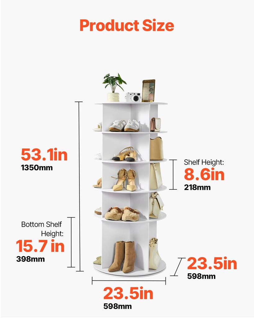 5 Tiers Rotating Shoe Rack Tower, 360° Spinning Shoe Rack, Revolving Storage Round Carousel Display, Freestanding Lazy Susan Organizer Display for