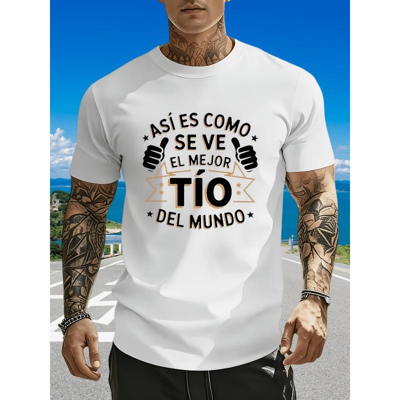 Men's Spanish "Best Uncle" T-Shirt - Breathable Short Sleeve Shirt with Print, Sweat-Absorbent Round Neck Casual Top for Machine Washable Year-Round