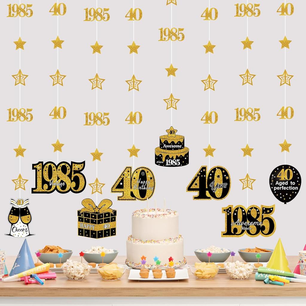 Pre-Strung Black Gold 40th Birthday Decorations for Men Women, Glitter Star Twinkle Number 40 Years Old Vintage 1985 Hanging Streamer Banner Happy
