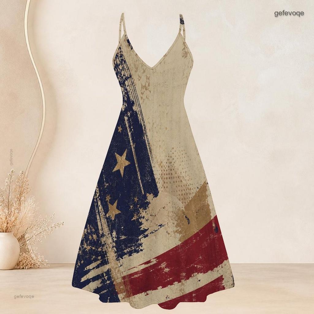 Women Plus Size American Flag Printed Two Piece Set V Neck Strappy Flared Dress Short Sleeve Cardigan