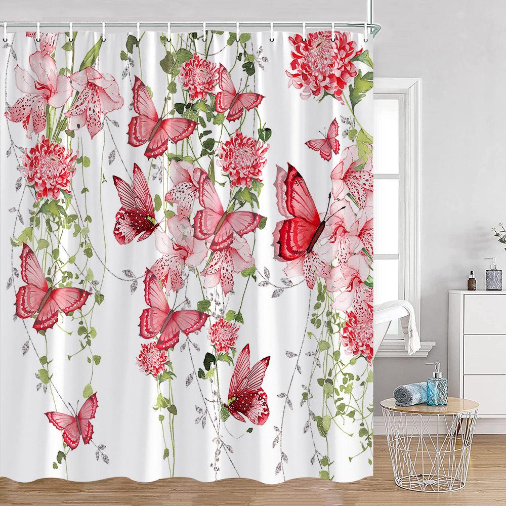 Watercolor Flowers Butterfly Shower Curtains Green Leaves Plants Colorful Floral Bathroom Decorations Polyester Fabric Bath Curt