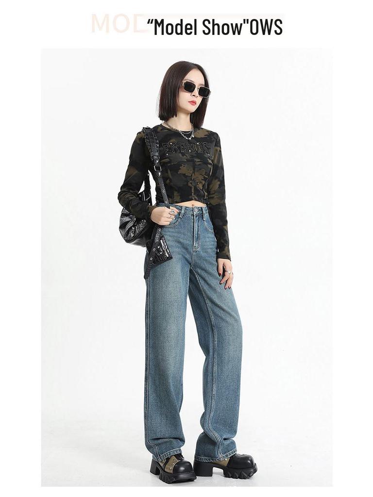 Women's Retro Loose Wide-Leg Jeans - Pear Shape, Long, Mopping Style for Spring & Autumn.