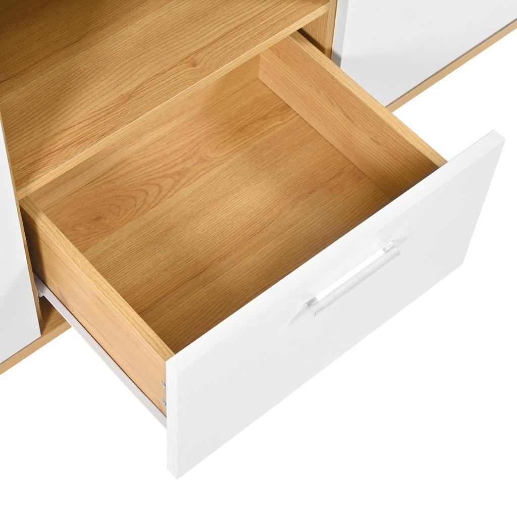 Credenza Moderna con Ampio Spazio di Archiviazione, con Illuminazione LED, 160x40x77cm, 2 Ante, 4 Cassetti, Ripiano in Vetro, Effetto Legno, Bianco.