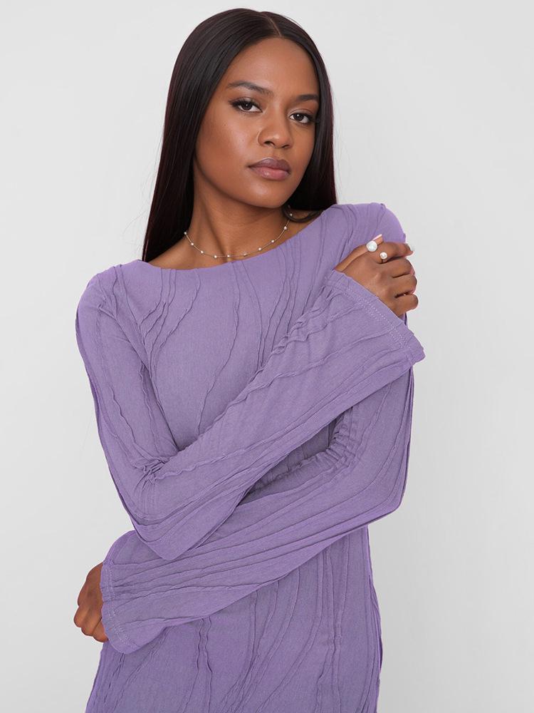 Women's Autumn Solid Color Round Neck Wavy Stripe Long Sleeve Bodycon Dress