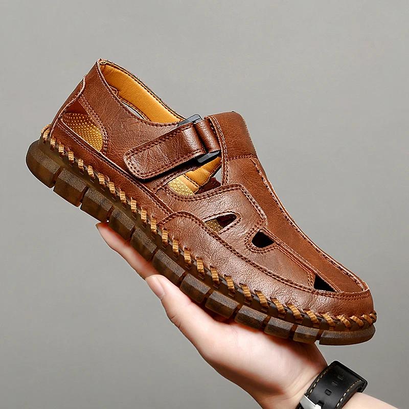 Fashion Mens Handmade Casual Leather Sandals Classic Men Beach Shoes Summer Outdoor Walking Male Sneaker Breathable Man Hollow Out Flats