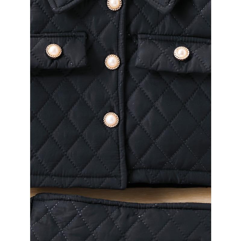 [2pcs Girls' Suit Set] 2pcs Autumn/Winter Warmth Girls' Suit Set, Fashionable Short Buttoned Jacket and Mini Skirt | Plus Plaid Holiday Gift Set