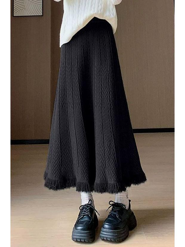 Women's High-Waisted Woolen Tassel Knitted A-Line Midi Skirt for Autumn and Winter