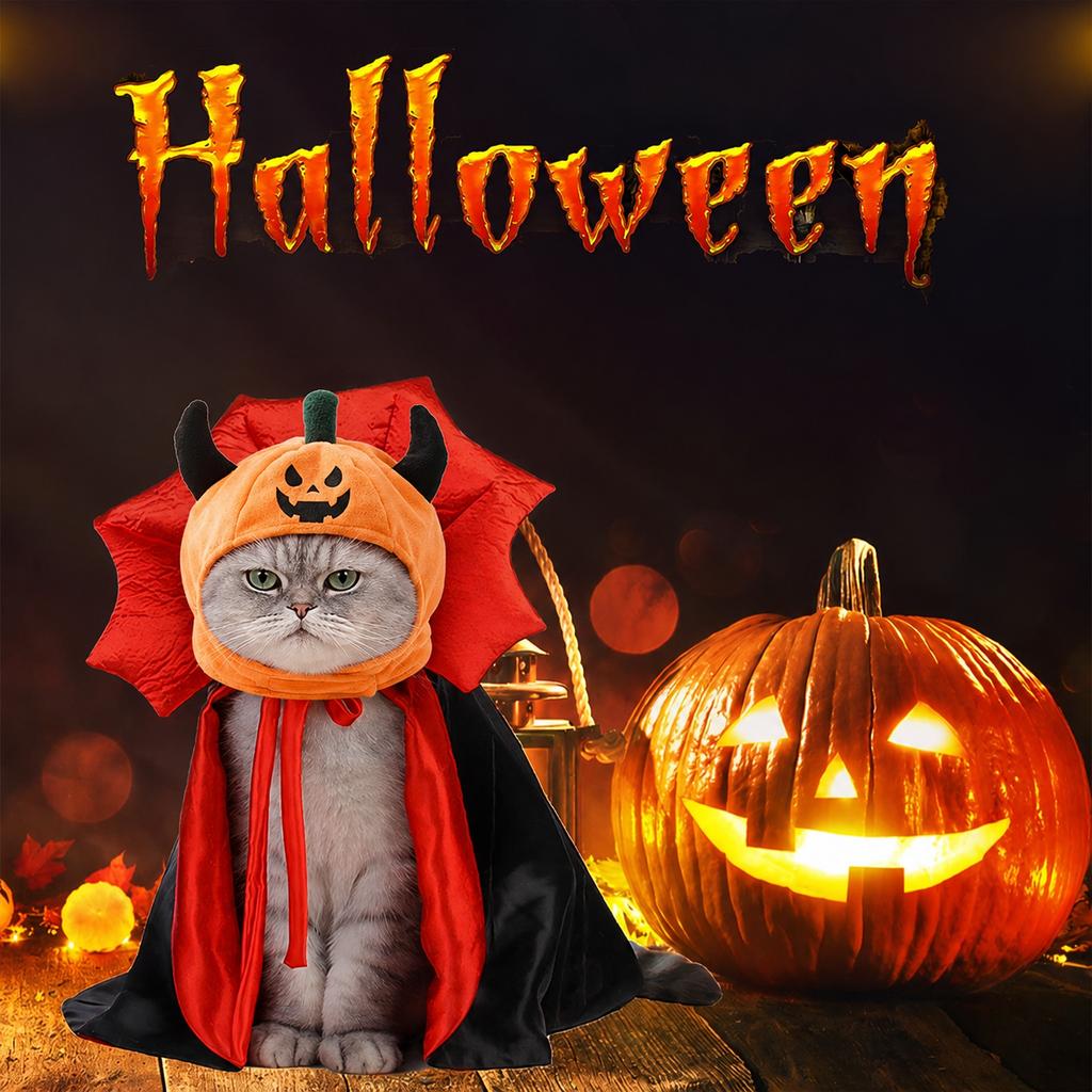 Halloween Pet Costume Pumpkin Hat Vampire Cape Set for Cats Dogs Funny Cosplay Party Dress Up Outfit
