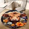 1pc Highland Cow with Flowers Round Carpet Anime Design Chair Mat for Office, Home Decor, Living Room, Bedroom, Game Room, Non Slip Rug
