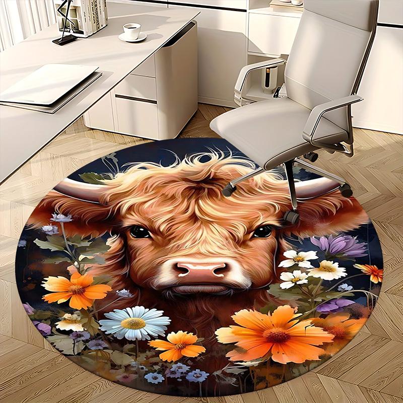 1pc Highland Cow with Flowers Round Carpet Anime Design Chair Mat for Office, Home Decor, Living Room, Bedroom, Game Room, Non Slip Rug