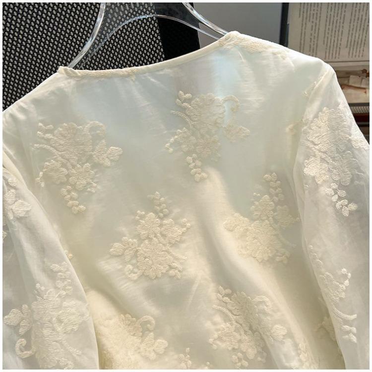Spring Jacquard Embroidered Lace Shirt Chinese Style Long Sleeve Blouse Women Elegant Fashion Top