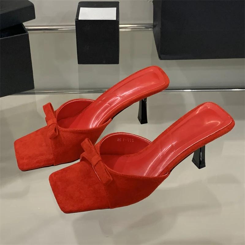 Fashion Eilyken Summer Fashion Butterfly-kont Women Slippers Square Toe Thin Low Heels Banquet Slides Female Shoes Zapatos De Mujer