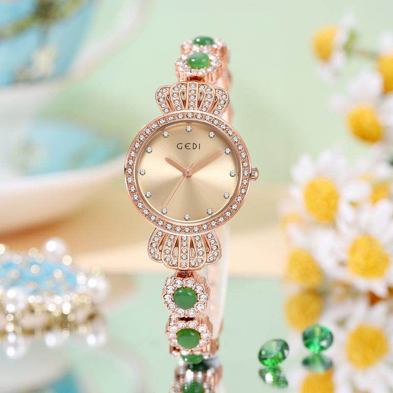 Niche Medieval Women'S Watch Light Luxury High-End Jade Watch Women'S Full Diamond Crown Quartz Waterproof Watch