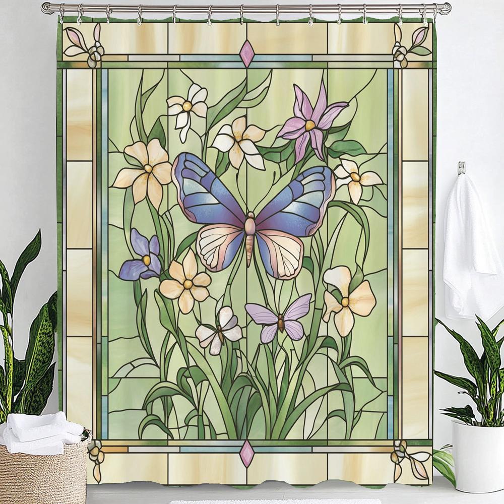 Colorful Butterflies And Flowers Screen Pattern Shower Curtain, Bathroom Decorative Shower Curtain, Home Curtain With Hooks