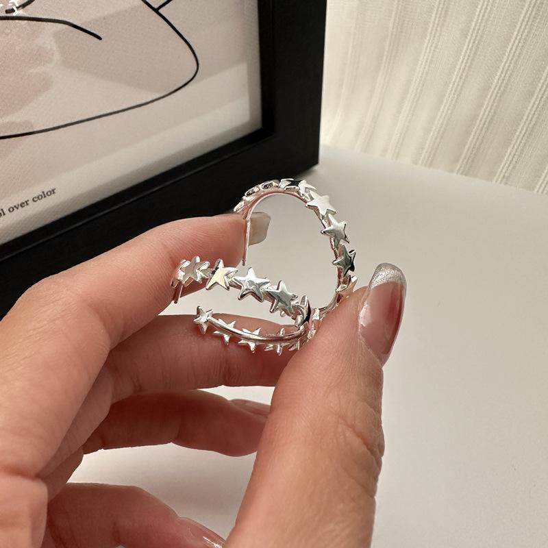 Chunky Earrings 925 Sterling Silver Geometric Star Shape Round Hoop Earrings for Girls Gifts