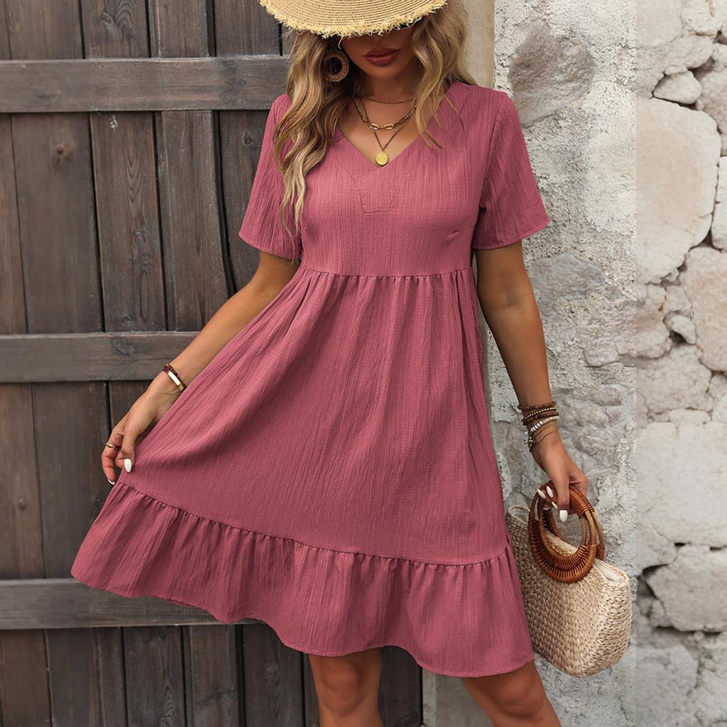 Women's Solid Color Summer Skirt Loose Casual Short Sleeve High Waist Dress