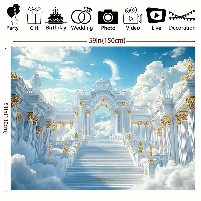 2D Heaven Palace Backdrop White Gold Cloud Stairs Photography Background