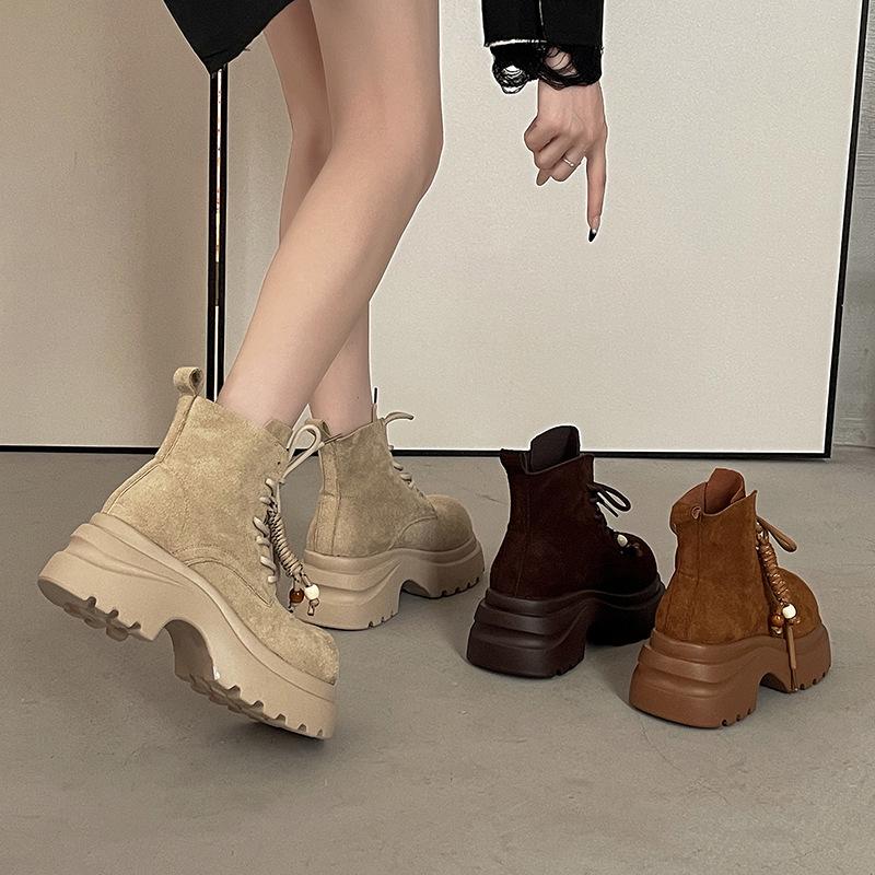 Fashion versatile thick-soled height-increasing and thin Martin boots women's 2025 autumn and winter new lace-up muffin-bottom locomotive boots women