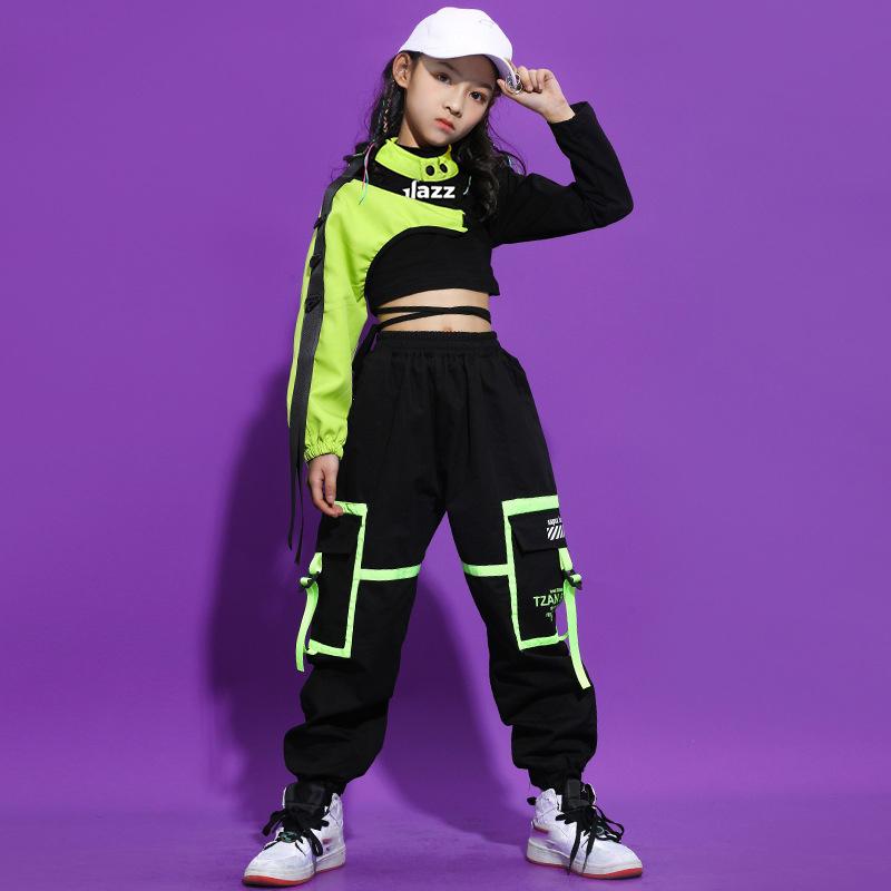 Girls Hip Hop Dancewear Short Top + Half Sleeve + Elasticated Trousers 3 Piece Sportswear Set
