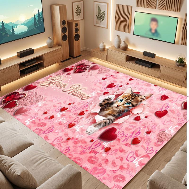 Cat Theme Crystal Velvet Floor Rug Personalized Custom Name Text Warm Carpet Home Decoration