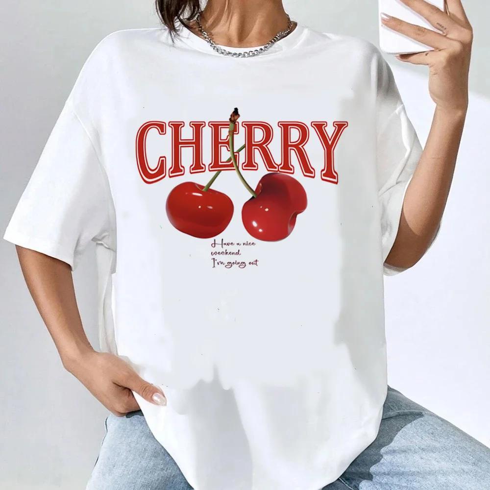 Cherry Print T Shirt Female Comfortable Graphic Gothic Aesthetic Retro Grunge T-shirt Kawaii Streetwear Hip Hop Colorful Classic