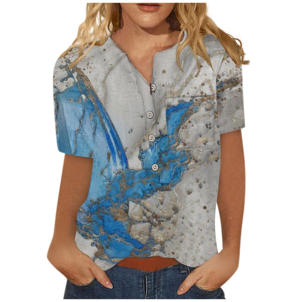 Damen Sommer Casual Fashion Baumwolle Leinen bedruckt Damen Kurzarm Shirt Tops