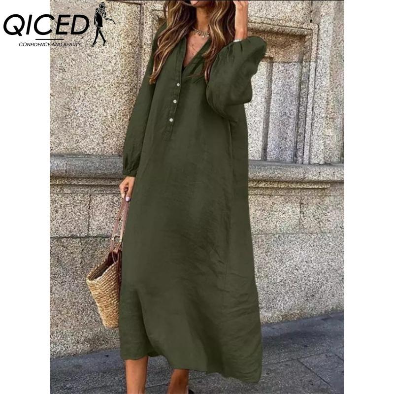 QICED Women's Fashion Spring Autumn Solid Color Print Long Sleeve High Waist Casual Dresses
